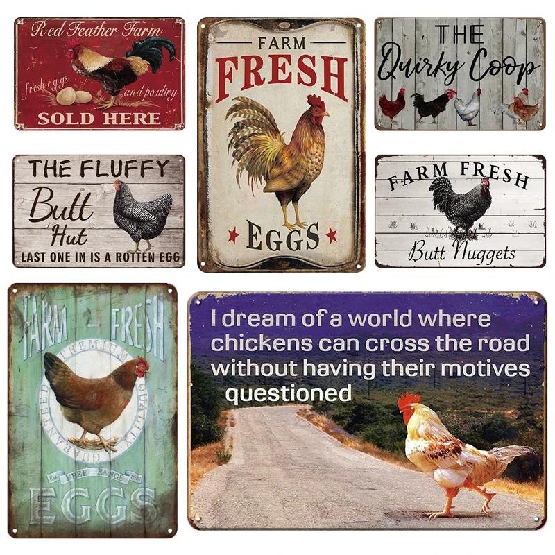 Metallskyltar Färska Ägg Fluffy Butt Hut Kyckling Retro Plåtskylt Vintage Rolig Utomhus Väggplakett Trädgård Gårdsskyltar Hönshus Dekor