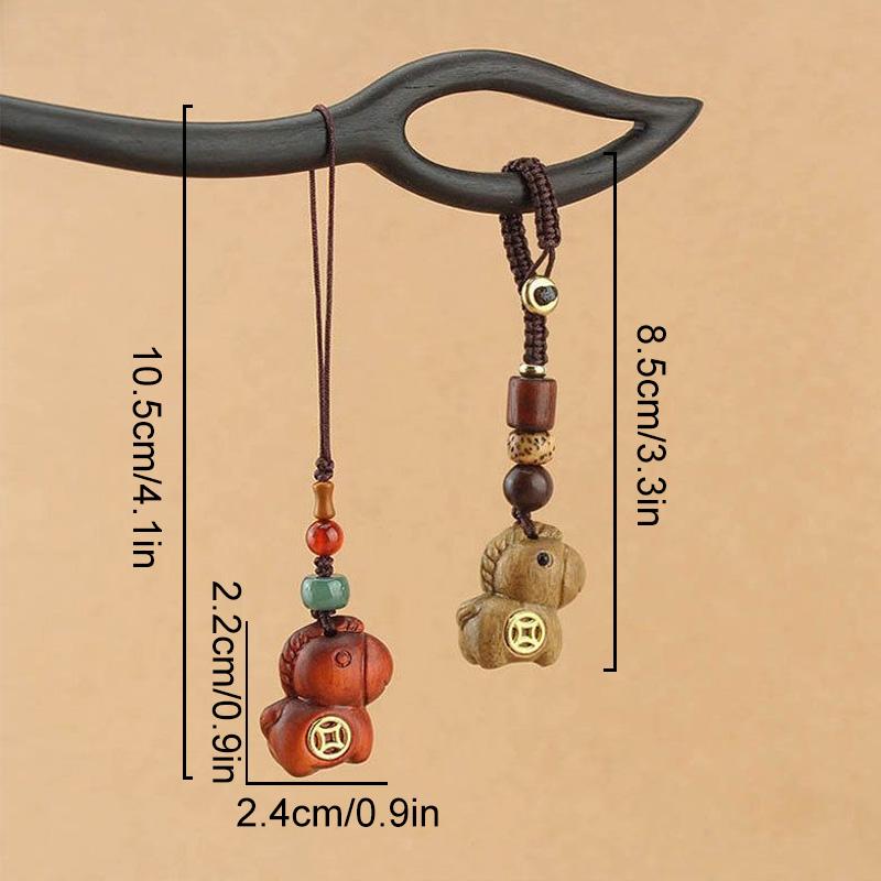 1Pc Car Keychain New Chinese Style Braiding Rope Gift Phone Keychain Creativity Pony Pendant Wood Pendant Coin Decoration