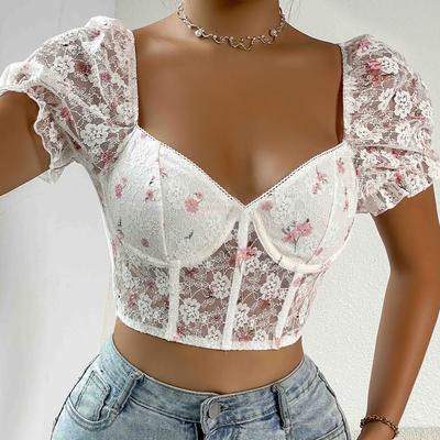Casual V-Ausschnitt LaceT Shirt Mesh Kurzarm Crop Top Damen besticktes Blumen T-Shirt Casual Tank Top Slim Female Crop Top Fashion T-Shirt Y2k