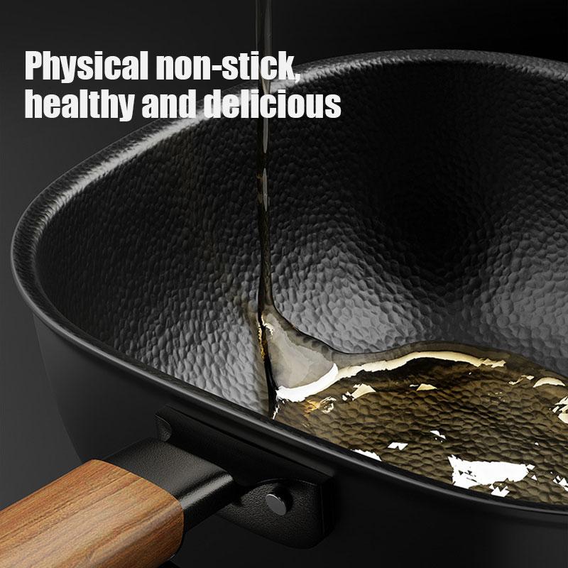 New 24cm Square Refined Iron Wok Pan Non-coating Hammered Frying Pan Skillet Nonstick Flat Bottom Deep Frying Pot for All Stoves