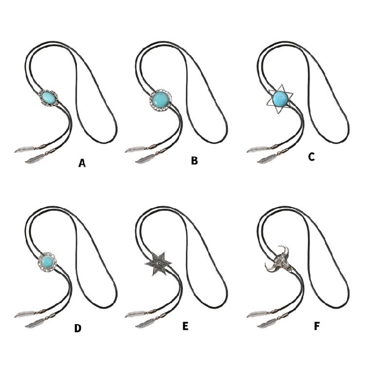 Men Women Western Cowboy Bolo Tie Vintage Turquoises Pendant Jewelry Leather Rope Necktie Tie Metal Feather Necklace