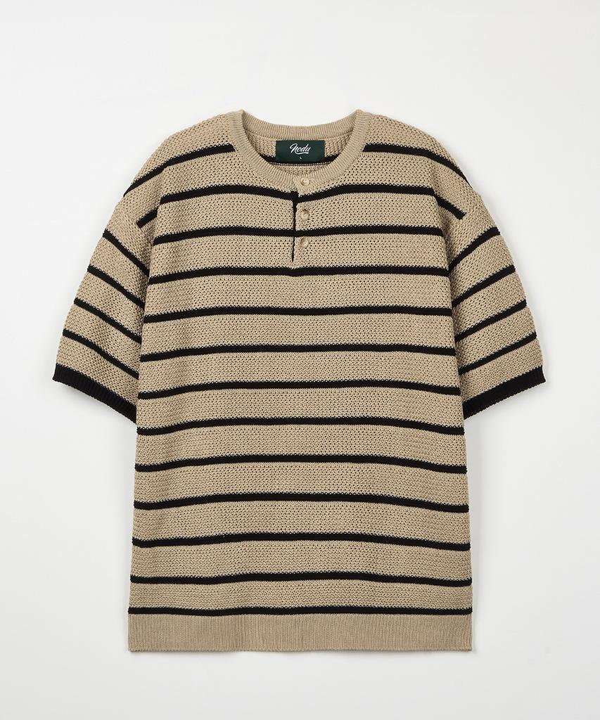 NODU Henley Neck Striped Short Sleeve Knit [3 Colors]