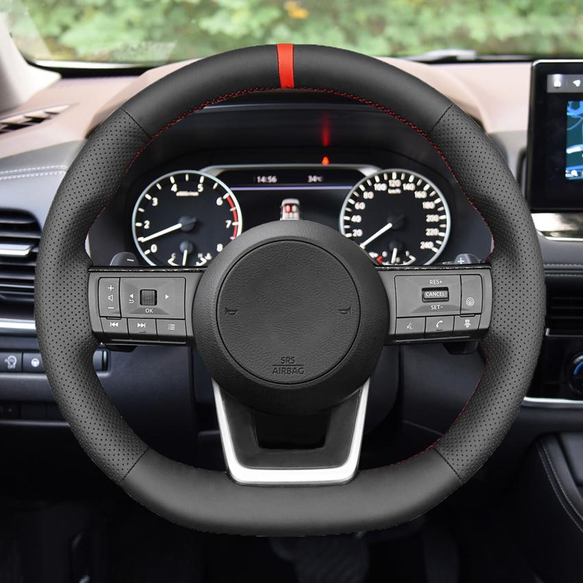 Schwarzes, handgenähtes, weiches und rutschfestes Kunstleder-Lenkradbezug für Nissan Rogue Pathfinder Qashqai X-Trail 2021-2023