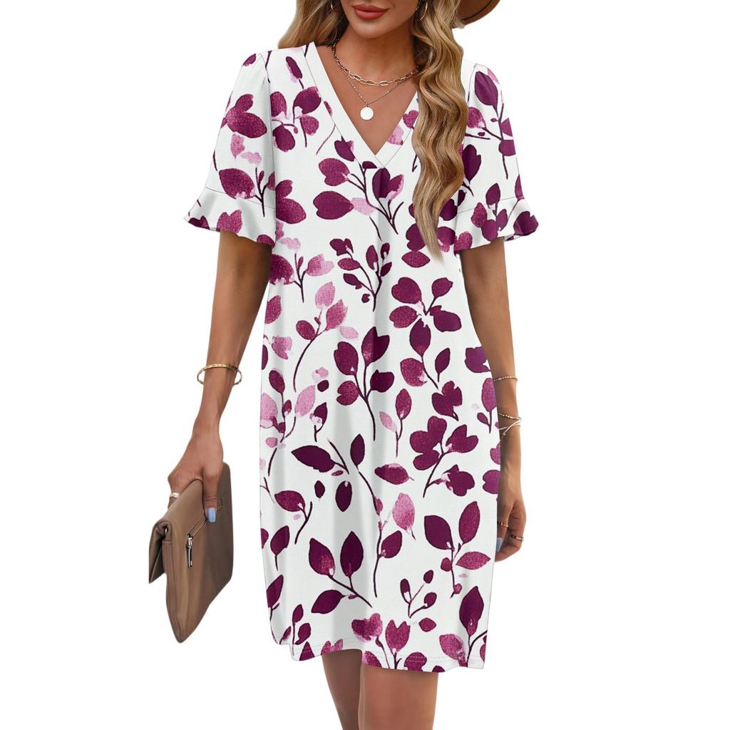 Women's Summer Floral Print Dress Pleated Short Sleeve V-Neck Pocket Casual Dress