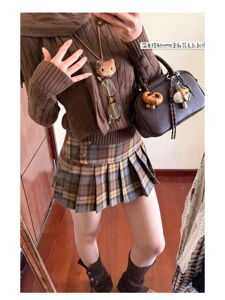 Women's Slimming High-Waist Retro Plaid Wool Skirt - Spring College Style A-Line Pleated Short Skirt