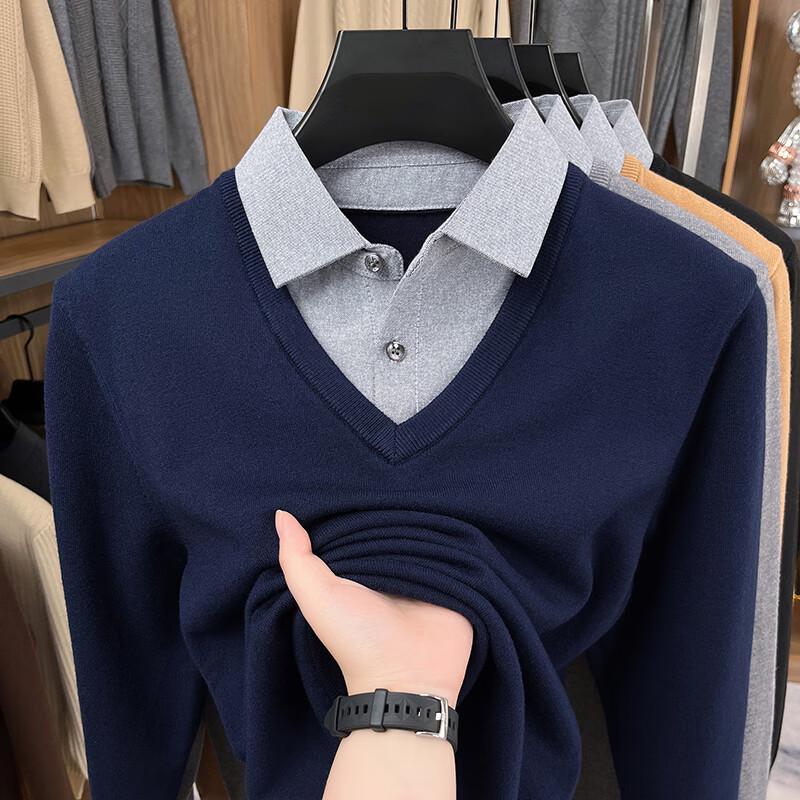 Yiliteng Men's V-Neck Faux Two-Piece Sweater