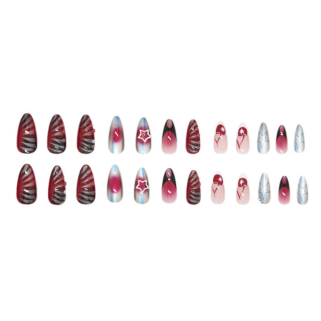 24PCS Blush Almond Fake Nails with Star Print Easy Effortless Application To Nails for Fingernail DIY Decoration