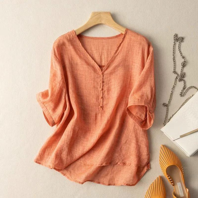 Short-sleeved T-shirt loose V-neck thin solid color versatile casual thin top summer new cotton and linen pullover T-shirt women