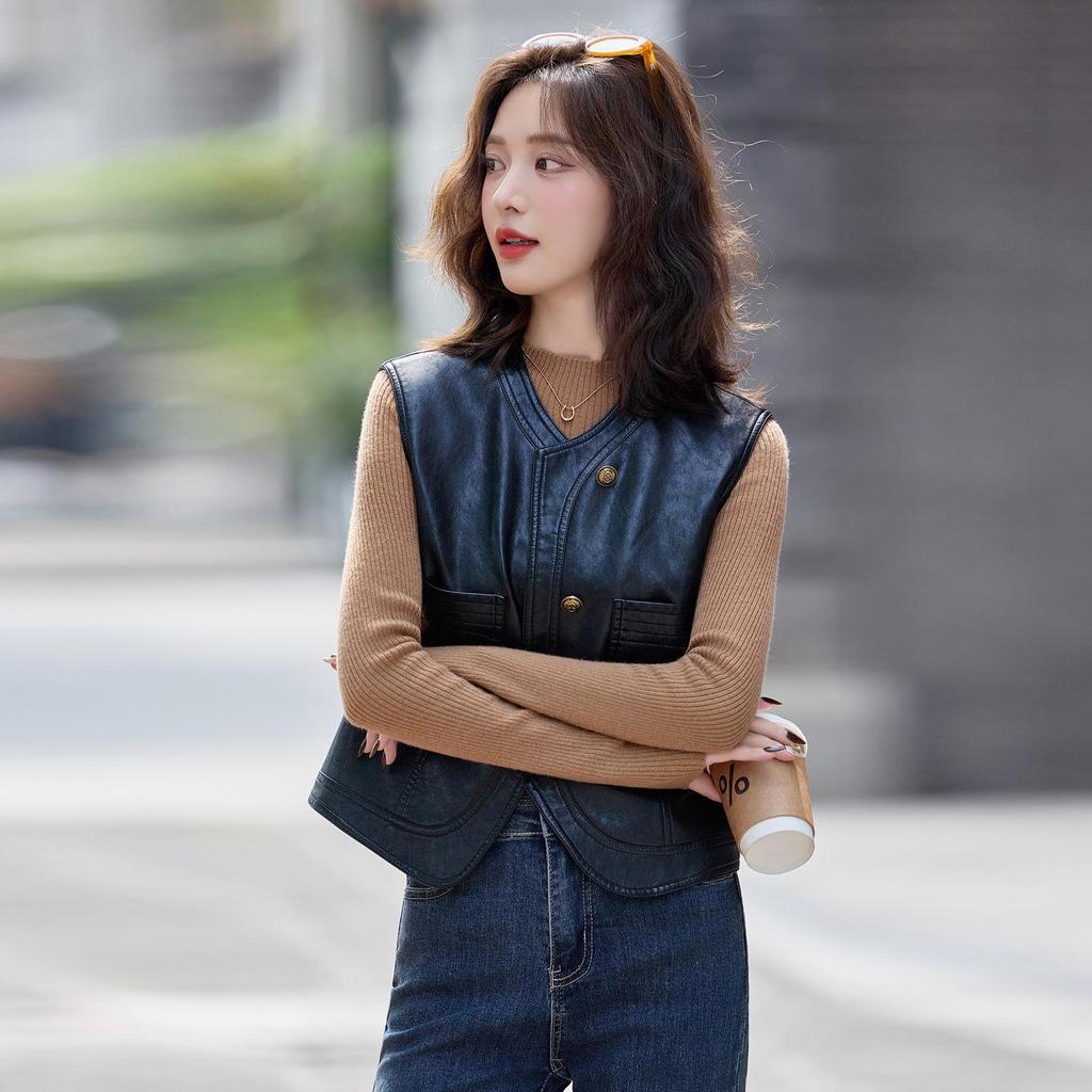 Women's Short Sheepskin Leather Motorcycle Vest - Autumn/Winter Korean Style Outerwear