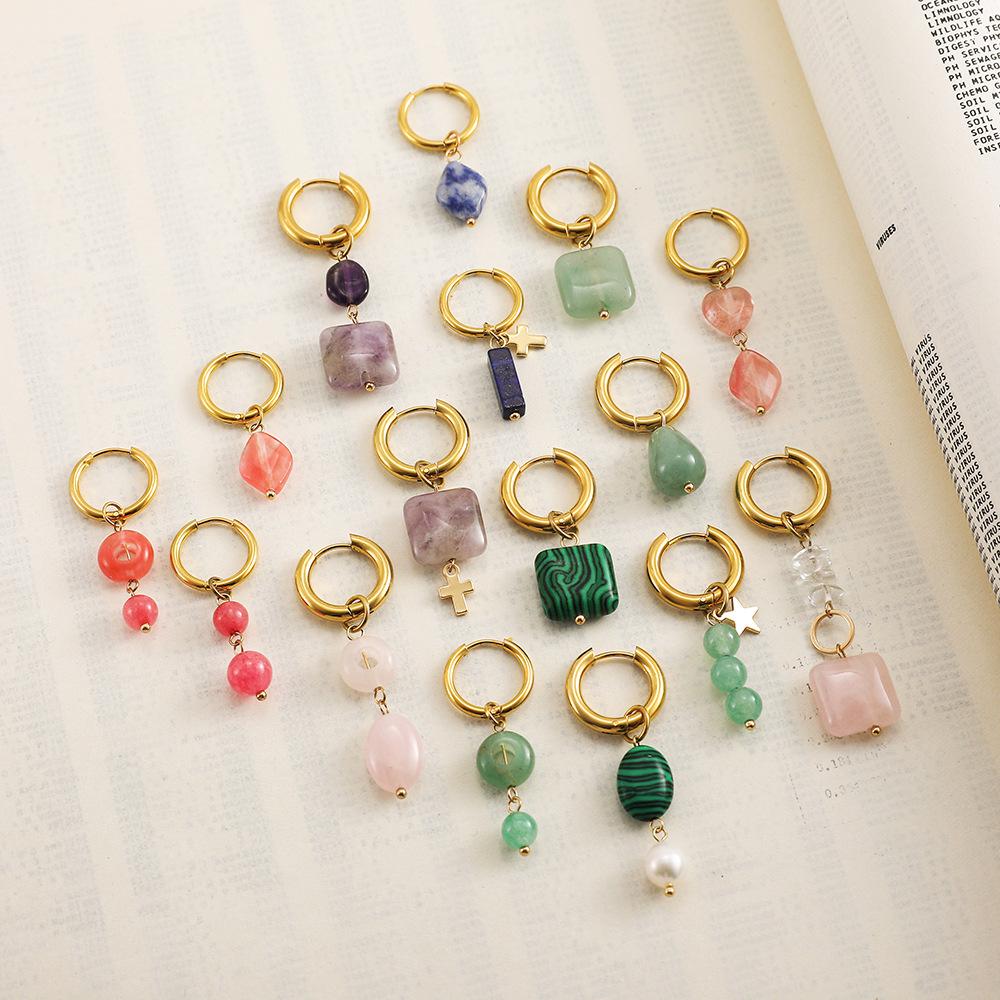 Asymmetrical geometric colored natural stone earrings, earrings, new Chinese earrings, ethnic style ear jewelry