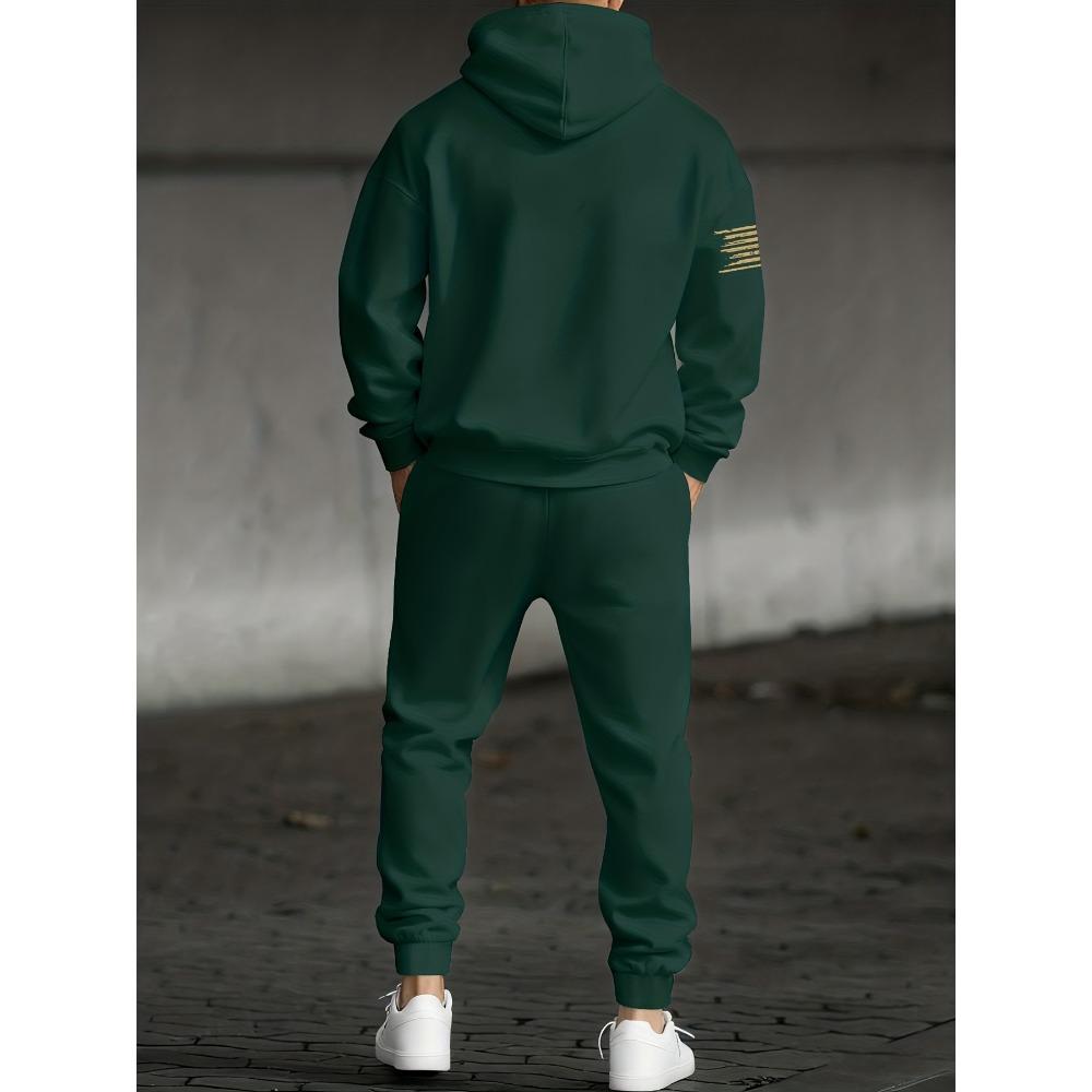 Fashionable Men's Casual Suit with Flag Pattern Printed Drawstring Hoodie and Drawstring Sports Pants Set, Suitable for Outdoor Travel