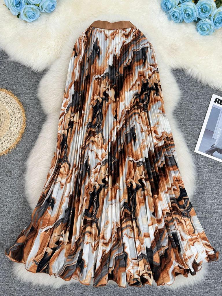 European & American Wave Pattern High-Waisted A-Line Pleated Midi Skirt