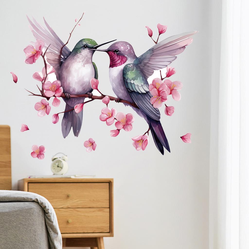 Chinese Style Magpie On Peach Blossom Branch Wall Stickers, Love Birds Painting Decor for Living Room Sofa Bedroom Wall Decoration