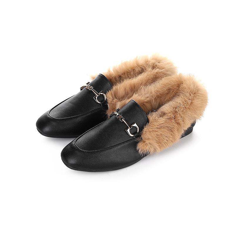 Retro Loafers Fashion Women'S Shoes Autumn And Winter Women Velvet Warm Flat-Bottomed Rabbit Fur Leather Shoes