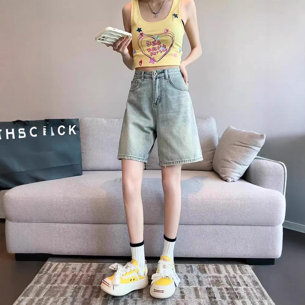 

Женские джинсовые шорты с высокой талией в стиле ретро, облегающего свободного кроя, потертые, средней длины, летний стиль, тонкие широкие штанины. S: 155-165cm (75-90 lbs) светло-синий