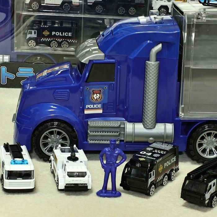 Carecoly Truck Police Vehicle Set - Diecast Car Set with Large Carrier - Alloy Toy Cars with Military Map - Blue