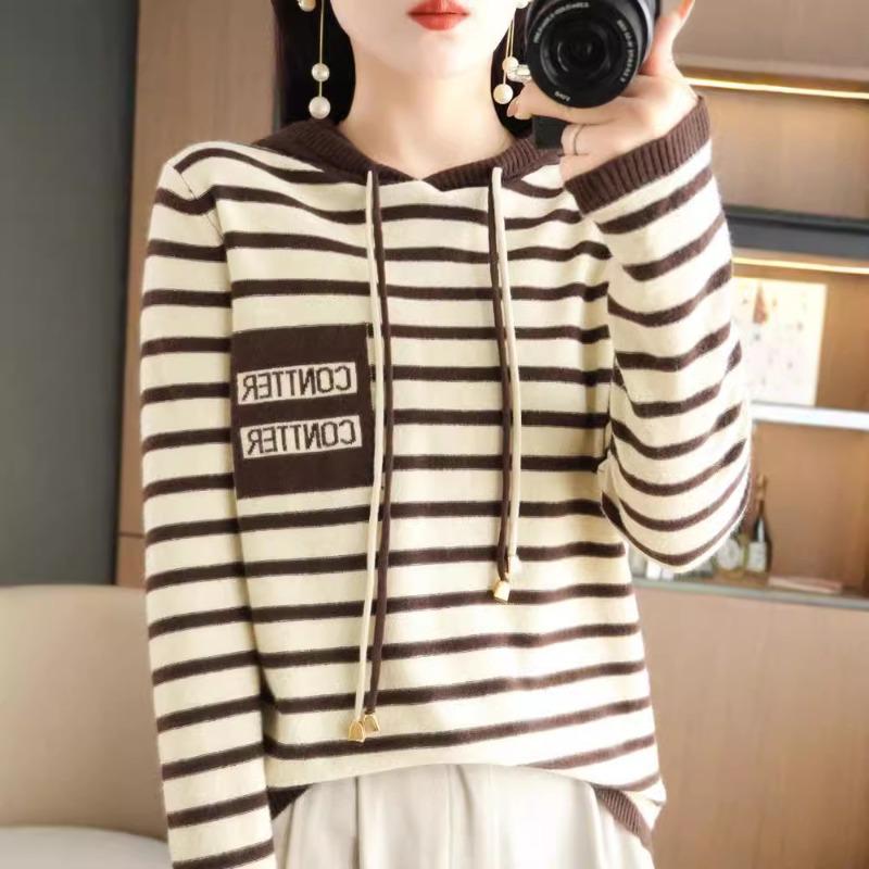 Hooded Striped Knitted Sweater Women's Autumn and Winter New Loose Casual Color Matching Sweater Wearing Striped Sweater