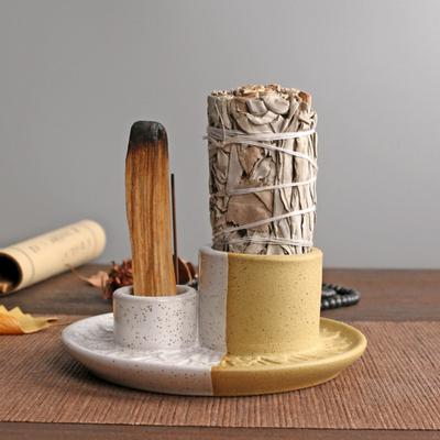 Palo Santo Holder 4-in-1 Ceramic Incense Holder Candle Holder with Ash Catcher Lotus Tray Incense Burner for Sticks Salvia Burning Meditation
