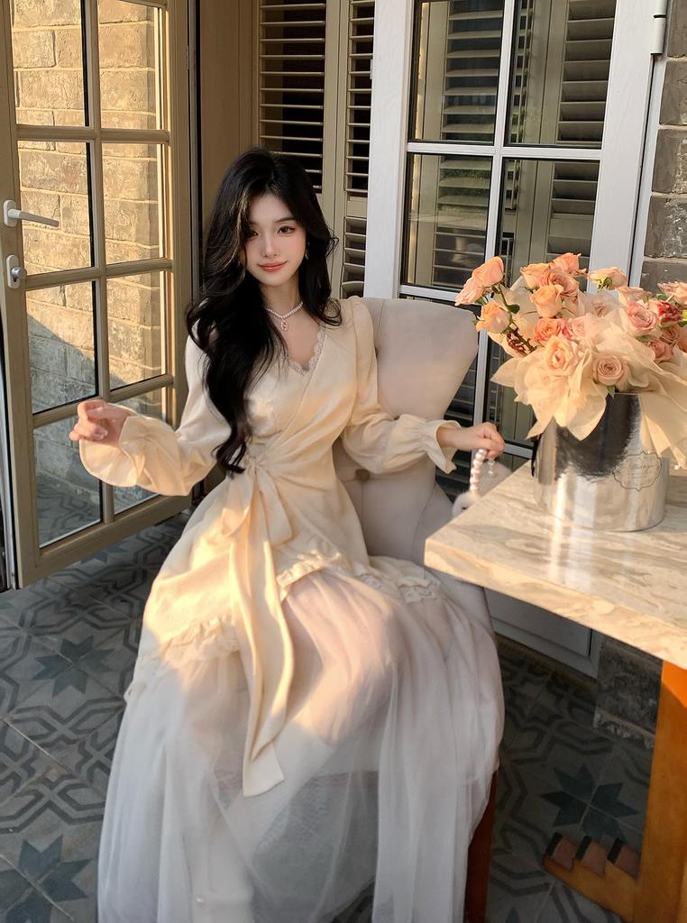 MODKOKU French Tulle Princess Cute Embroidered Floral Elegant Mori Girl Long Size M Women's Dress, Girl's Dress, Print, Cheongsam, Lace-Up Ruffles,