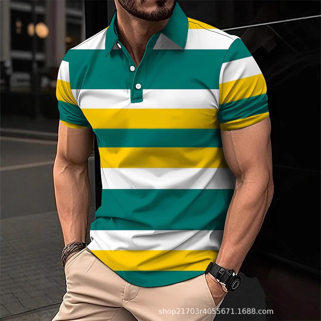 Casual Striped Short-sleeve Polo Shirt, Men's Daily Wear Essential.