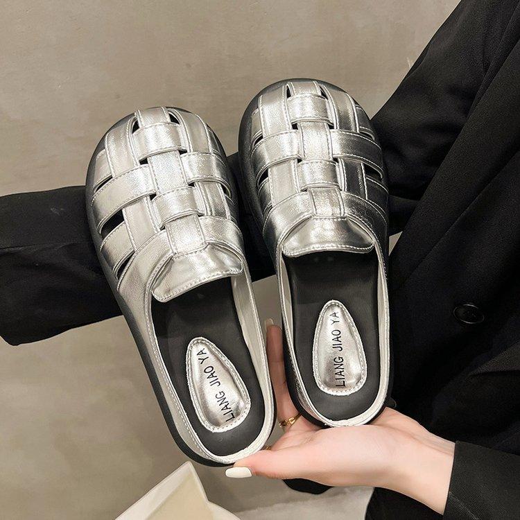 Leather bag head half slippers women's summer wear 2025 new retro woven hollow thick sole one pedal lazy shoes