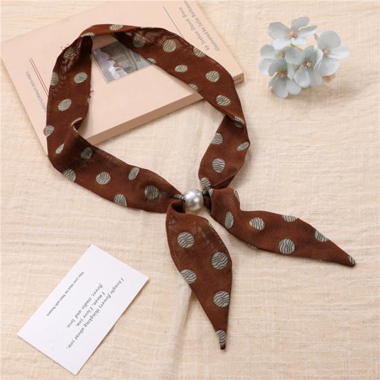 Women Scarf Imitation Pearl Buckle One-Piece Design Scarf Lightweight Chiffon Satin French Retro Black White Dot Neck Collar
