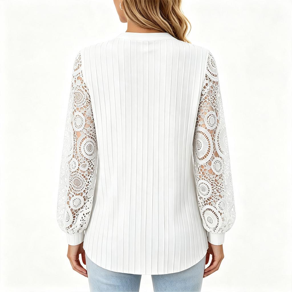 T-shirt Casual da Donna con Pizzo e Scollo a V a Maniche Lunghe Top Elegante per l'Uso Quotidiano