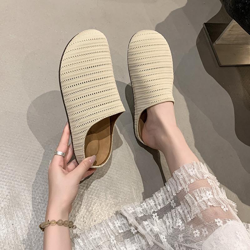French Niche Hollow Breathable Bag Head Half Slippers Women's Summer New Wear Roman Style Thick-soled Muller Slippers
