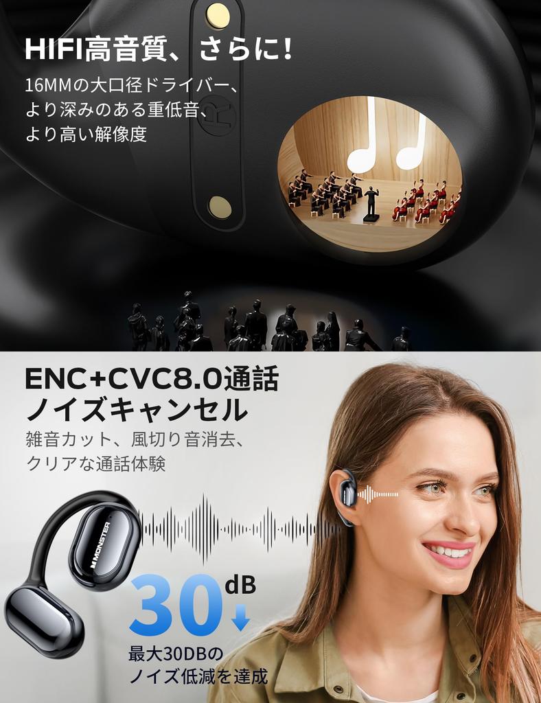 Revolutionary Hearing Open Monster Fully Wireless Bluetooth Ear Air Bluetooth Automatic 16mm 30 Hours of Playback Touch Sound Leakage Fast IPX5 [2025