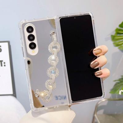 Applicable To Samsung ZFold4 Mirror Folding Mobile Phone Case ZFold7 Rhinestone Hand Hanging Chain Acrylic Mirror Protective Case