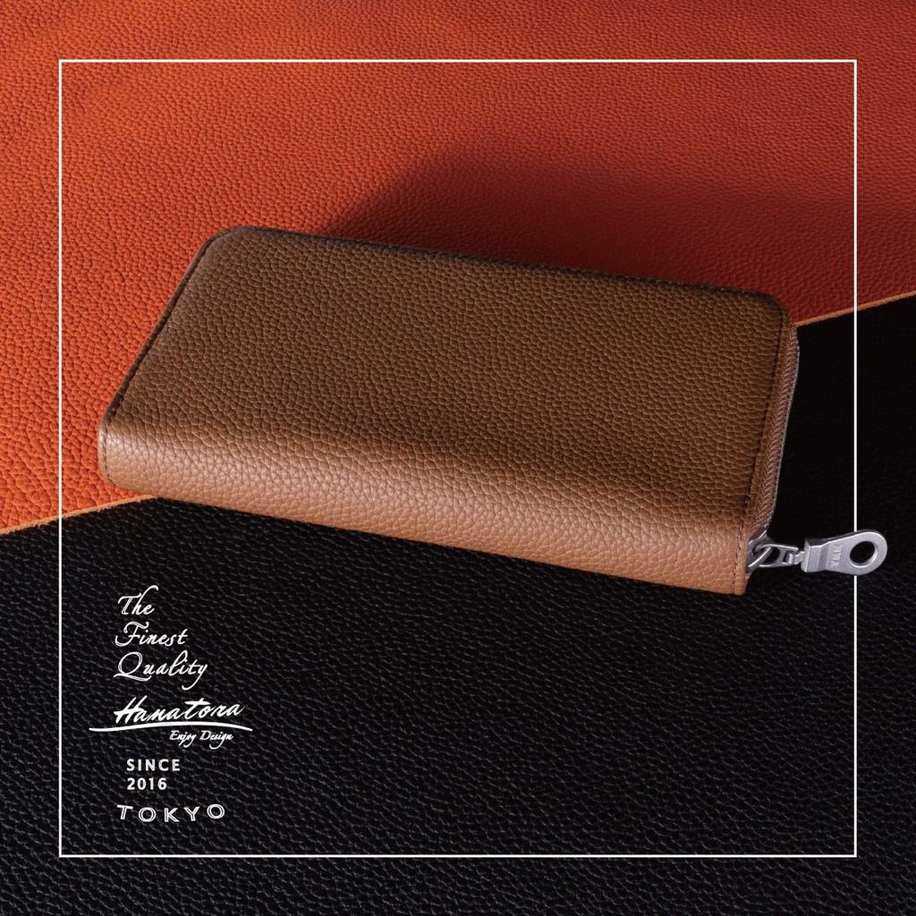 HANATORA Genuine Leather Long Wallet, Shrink Leather, Zippered, Slim, Card Case, Passbook Compartment, Bill Compartment, Simple Design, Dark