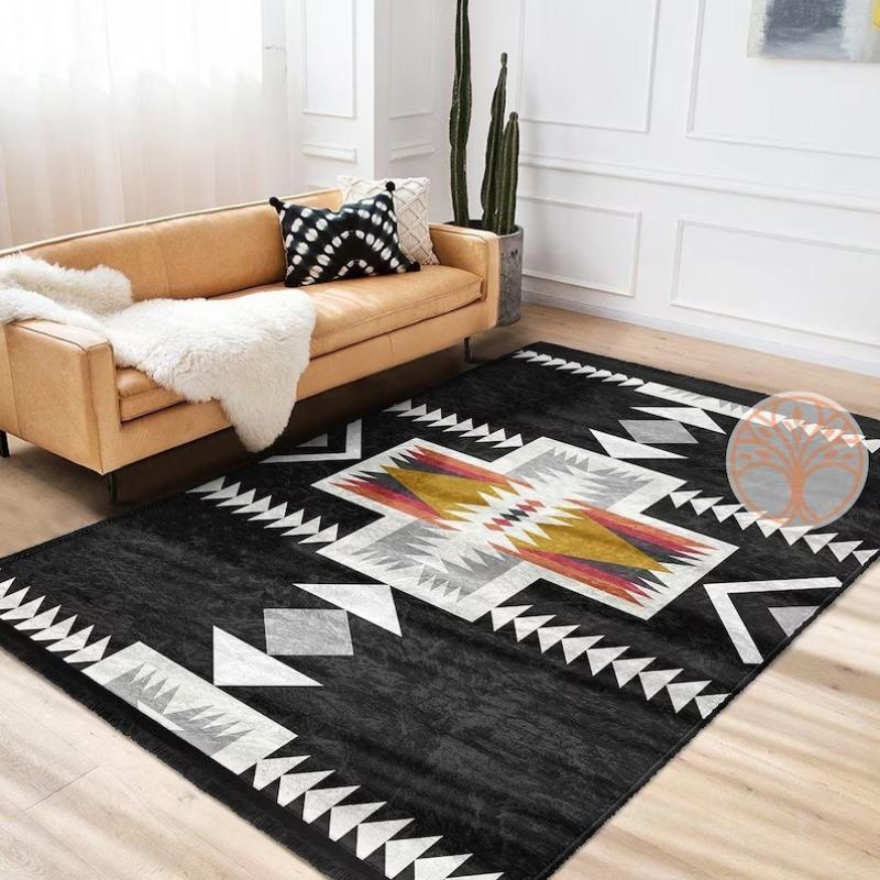 Aztec Fringed Geometric Carpet Mat Rug Symmetric Pattern  Ethnic Traditional Home Decoration for Living Room Non-slip Indoor Rug