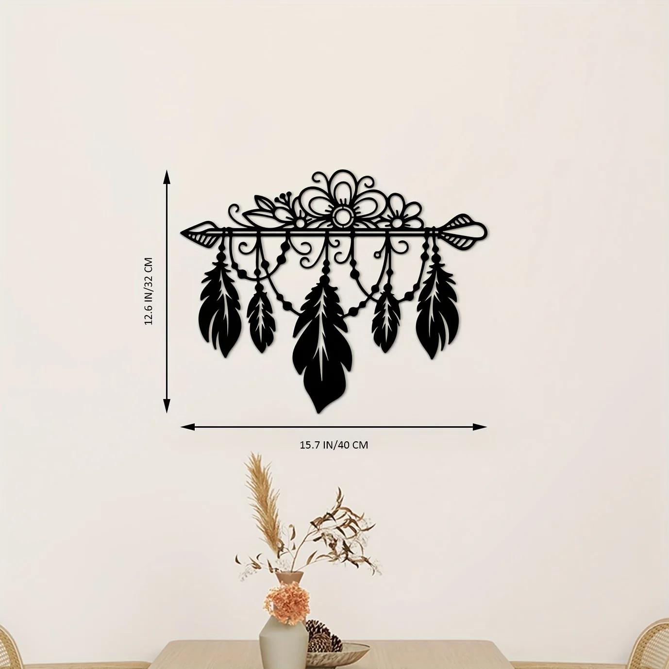 

Бохо перо кисточка домашний металл настенное искусство - декоративная наклейка фреска для гостиной, спальни, кухни, ванной комнаты и офиса светло-серый