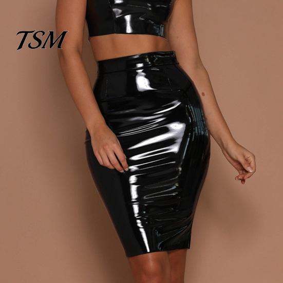 High Waist Skirt Women Club Faux Leather Skinny Sheath Zipper Closure Solid Slimming Color Glossy Surface Slim Fit Knee Length Lady Party Dating