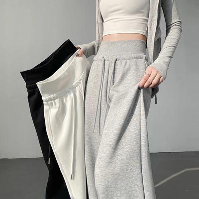 Unisex šedé tepláky v americkom štýle: Vysoký pás, Kontrola brucha, Voľný strih, Široké a rovné nohavice, Dĺžka po zem, Ideálne na jar a jeseň.