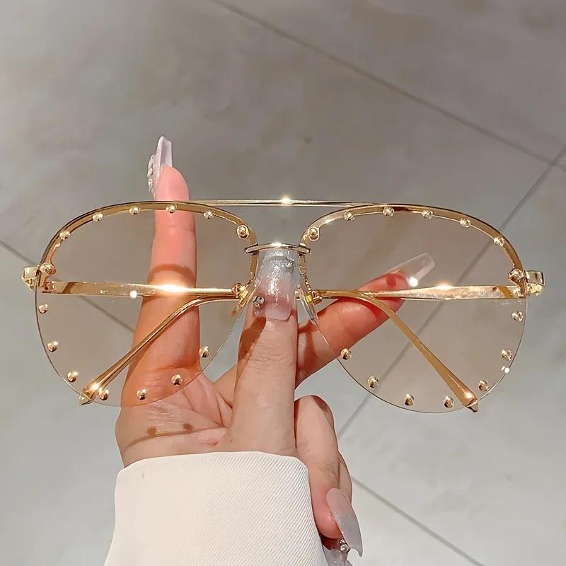 Ladies Rimless Pilot Sunglasses Luxury Brand Designer Metal Frame Gradient Large Colored Sun Glasses Shadow For Women UV400