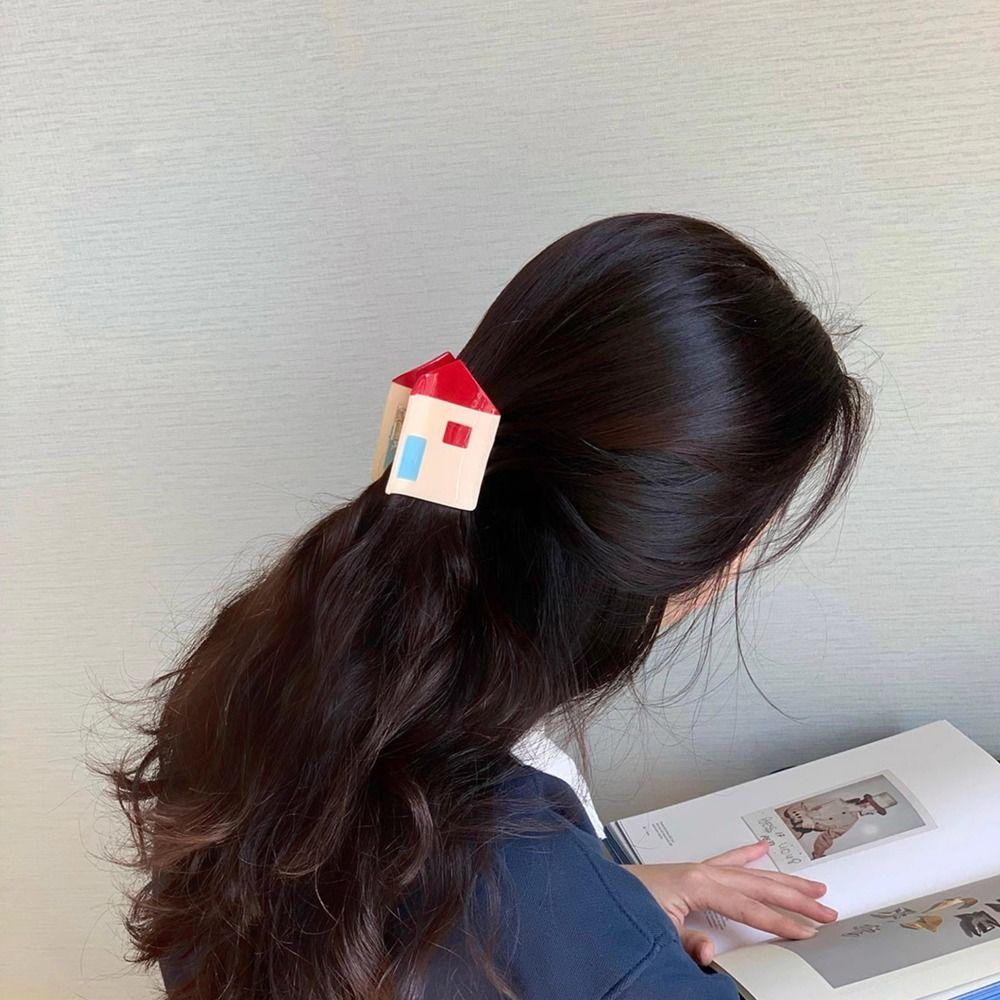 

Cartoon Geometric Acetate Hair Claw House Shape Acetic Acid Hair Clips House Shark Clip Party розовый