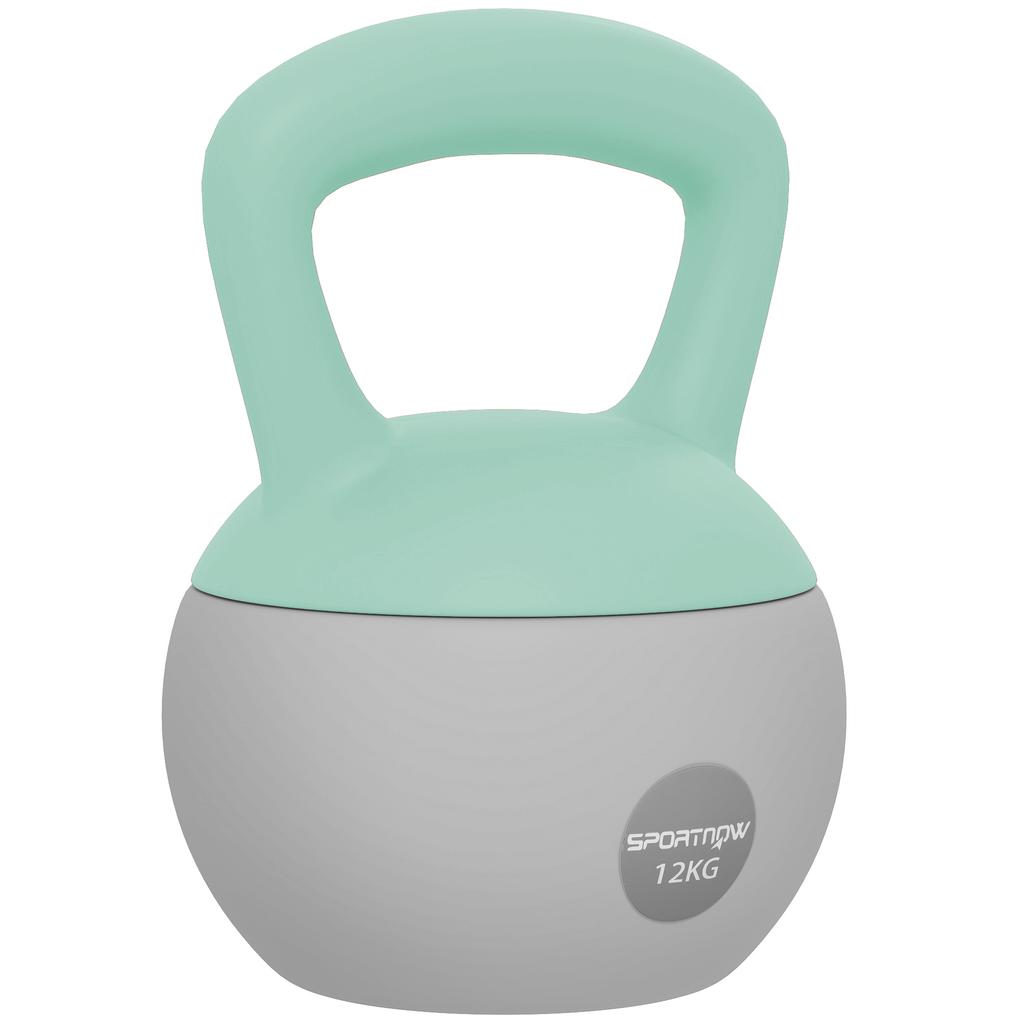 Kettlebell, 12 Kg, Sand Filled Metal, Non-Slip Handle, 21 X 21 X 30 Cm, Green and Grey
