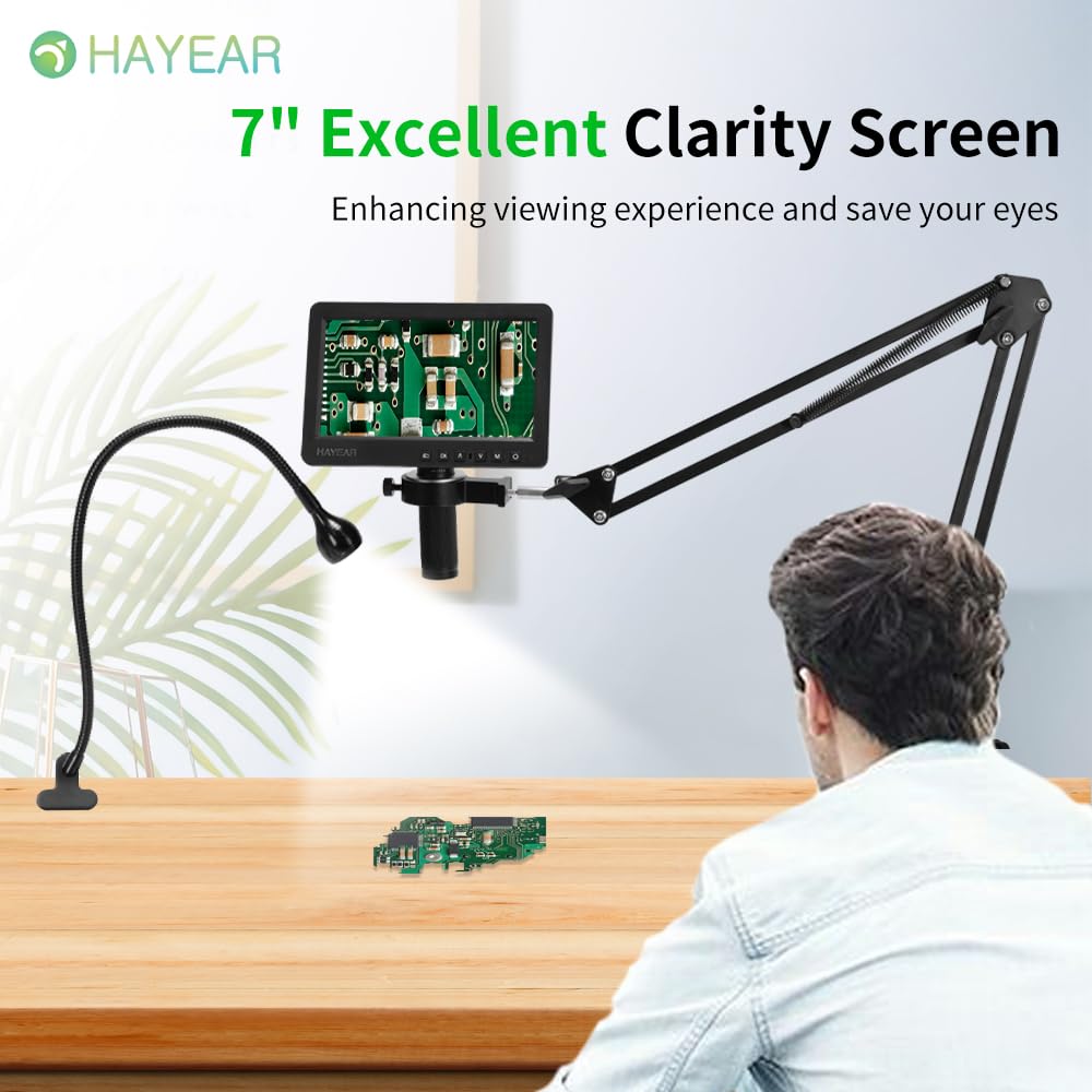 HAYEAR 26MP 7-inch Screen Digital Microscope Camera Set with Microphone Arm Stand and 150x Lens for Education, Scientific Research, Laboratories,