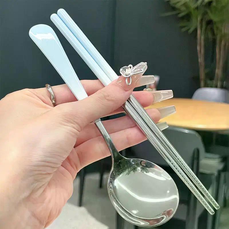 Stainless Steel Portable Cutlery Set Spoon Chopsticks Student Travel Korean Style Portable Cutlery Set With Box Kitchen Supply