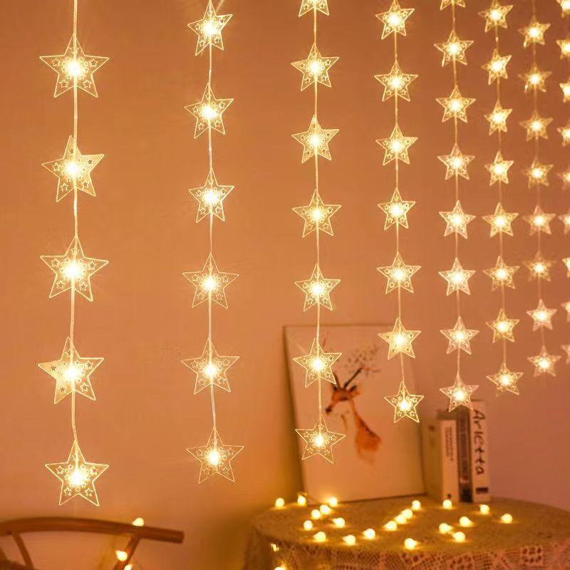 USB Christmas Star LED String Lights 5-Point Star Fairy Lights Wire Curtain Wall Hanging Decor for Room Bedroom Party Waterproof Warm White