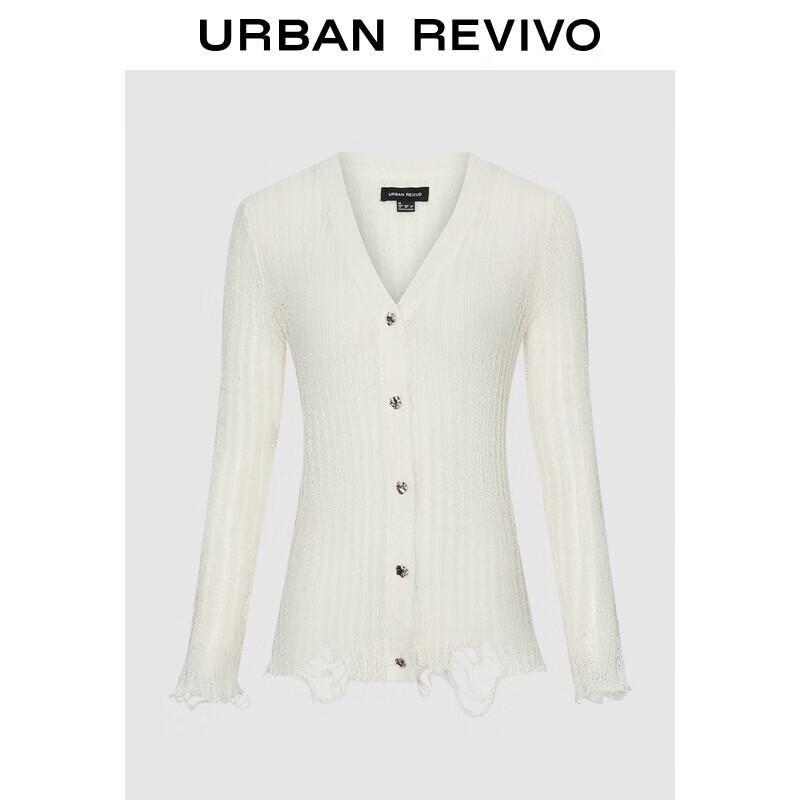 

UR 2025 Осень Женский Модный Кардиган Тонкой Вязки с V-образным Вырезом и Рваным Краем M