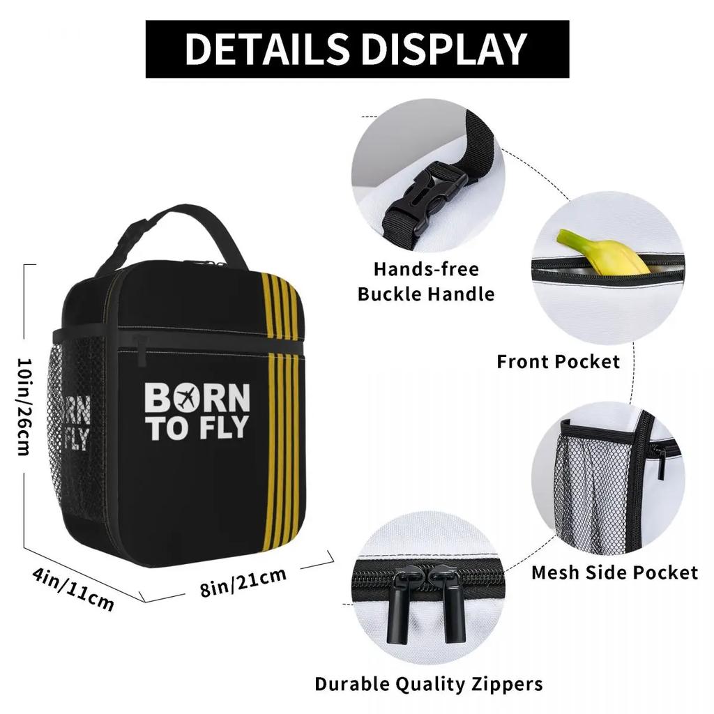 Custom Born To Fly Captain Stripes Flight Pilot Lunch Bag Women Cooler Thermal Insulated Lunch Box for Kids School