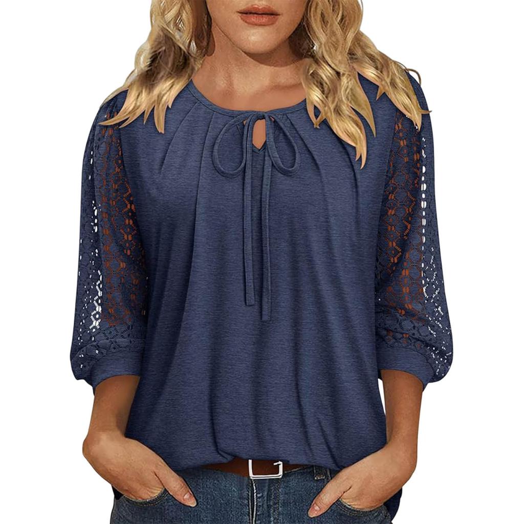 Women's Lace-Up Blouse, Loose Fit, Casual, Sheer Lace