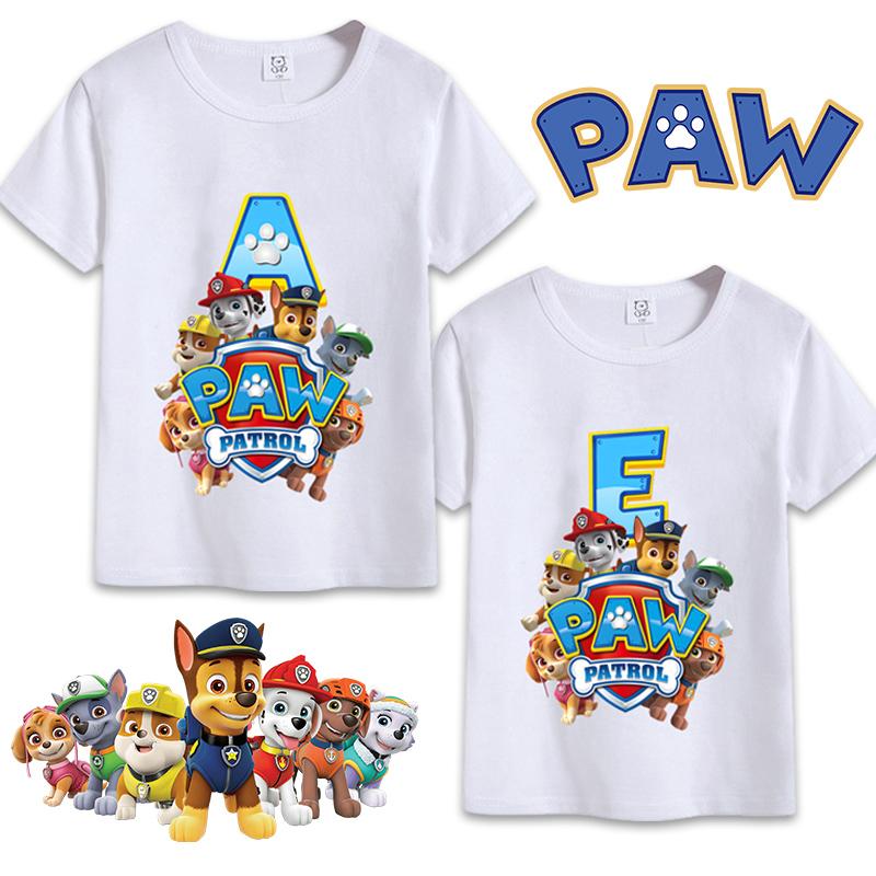 Paw Patrols Letter AZ TShirt White Cartoon Chase Skye Short Sleeve Tops Cute Rubble Zuma Summer Casual Clothes Birthday Gifts