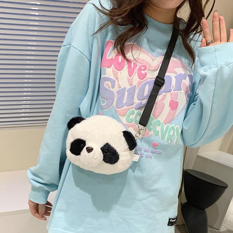 Panda Head Crossbody Bag Versatile Cute Plush Bag Cartoon Shoulder Bag