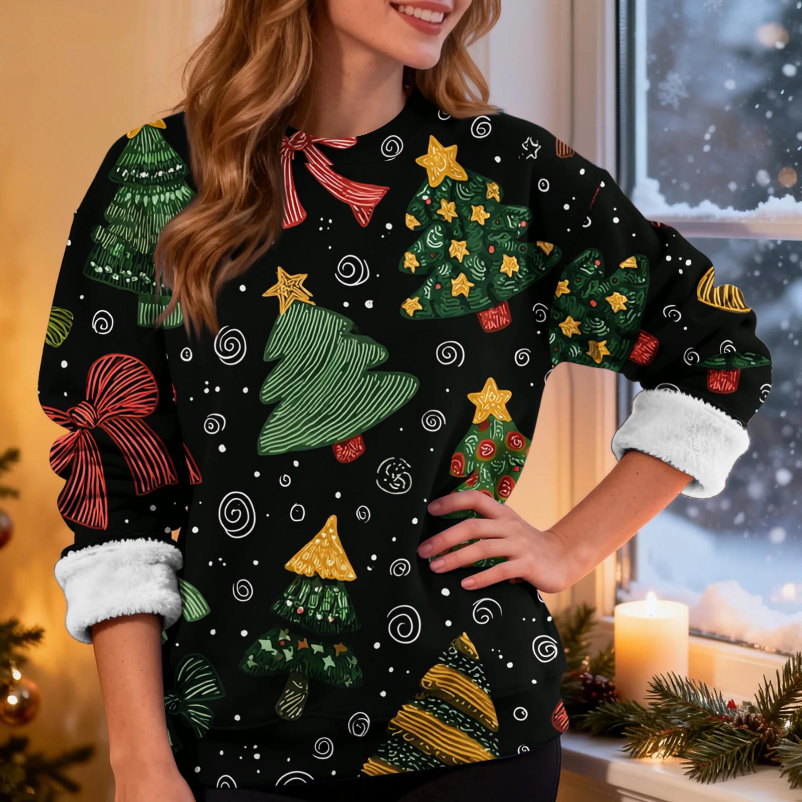 

Женский повседневный модный свитшот с круглым вырезом, плюс бархат, утолщенный, с рождественским принтом M