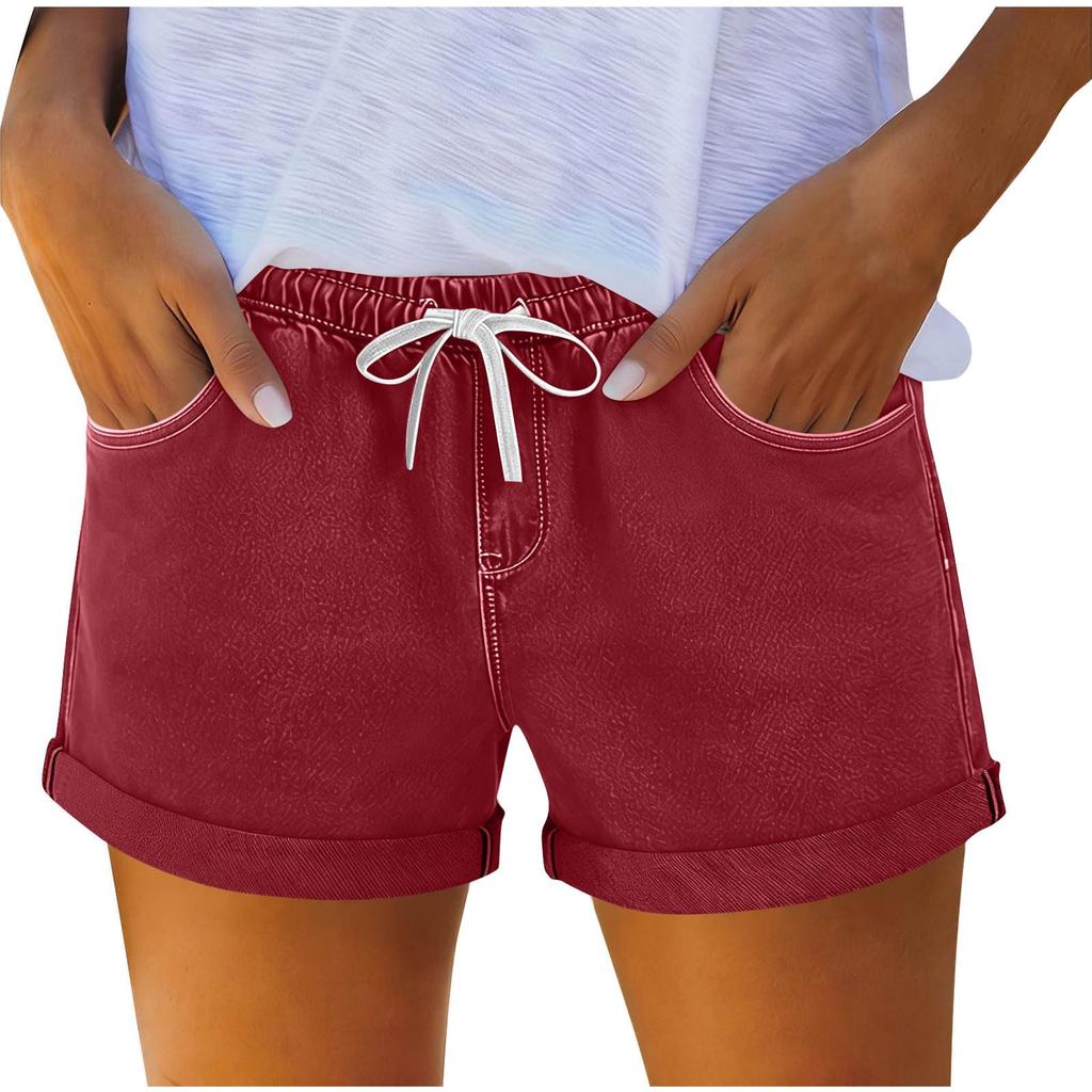 Women's Denim Shorts with Drawstring, Casual Summer Fashion, Stretch Comfort Fit for Beach and Daily Wear