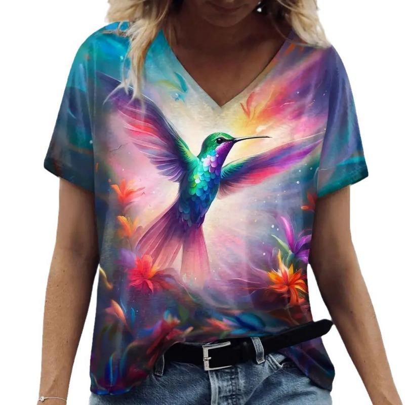 plus size 7XL Ladies' V-neck T-shirt 3D Printed Fashion Trend Bird Cat Dog Animal Print Short Sleeved Clothing Breathable Top T-Shirts Women’s