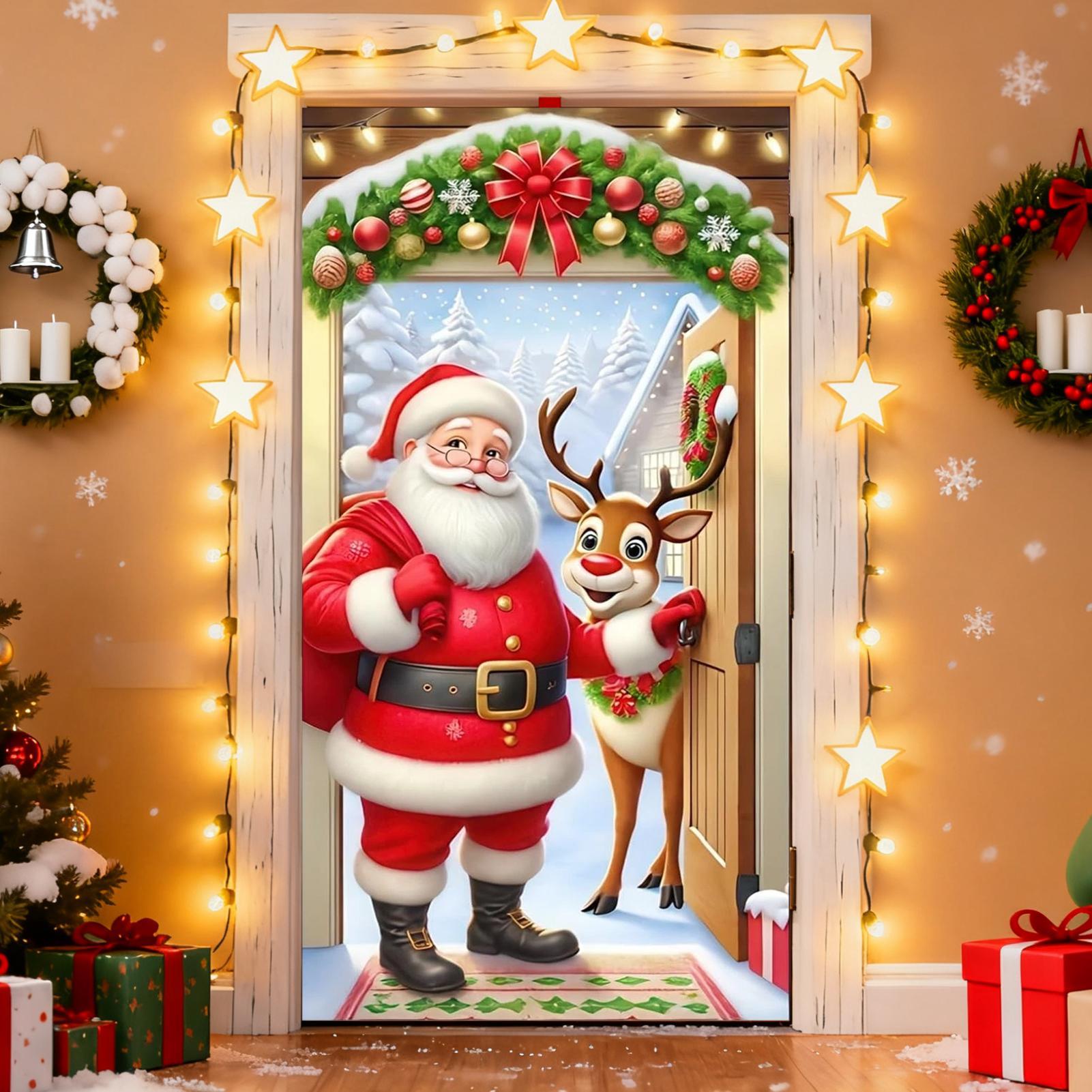 

90x180cm Christmas Door Cover Large Banner Santa Claus Reindeer Decor for Home Living Room Bedroom Office Farmhouse Restaurant China Mainland